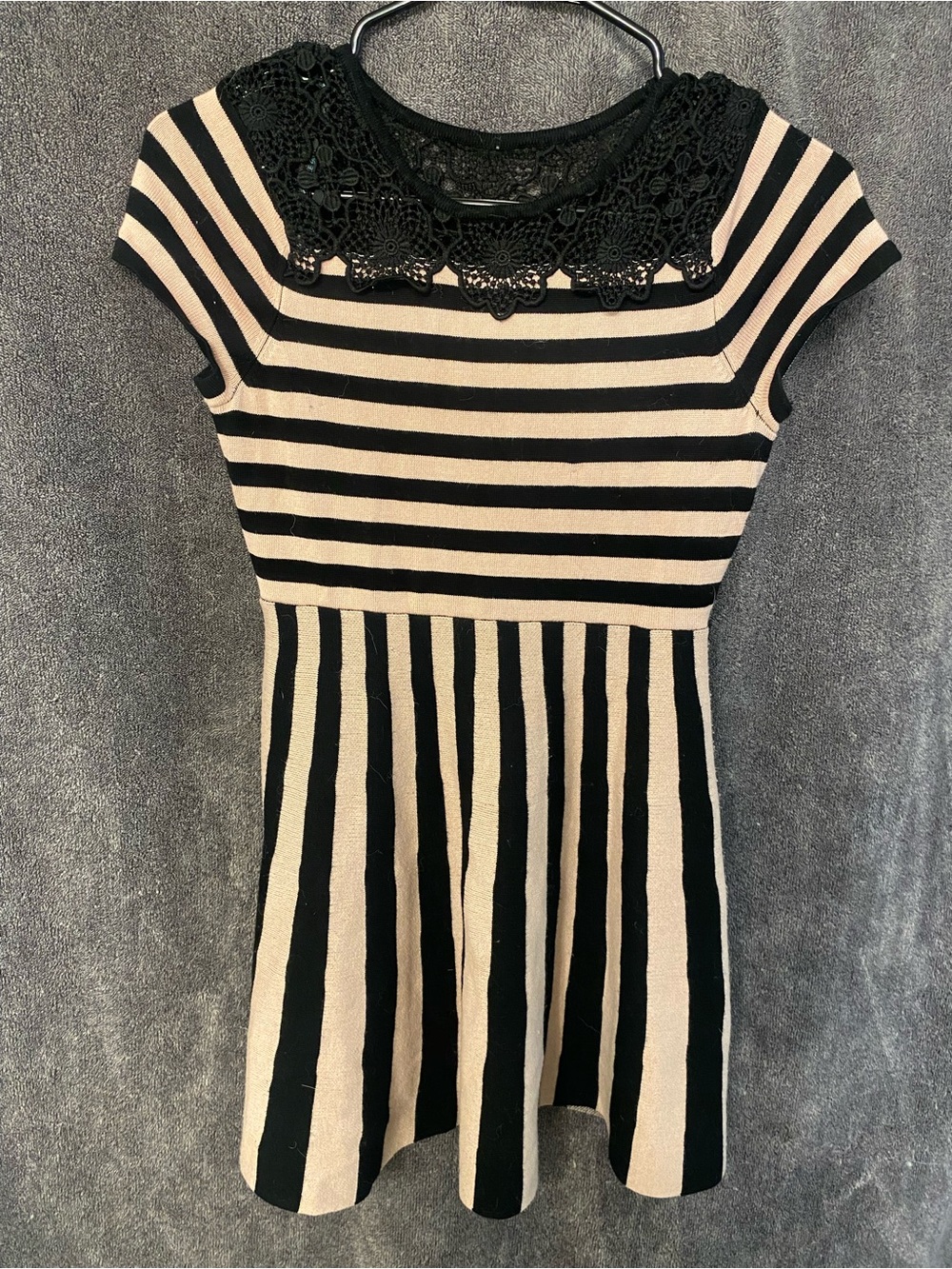 My Michelle Black and Cream Striped Lace-Yoke Fit & Flare Mini Dress